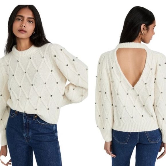 $498 Eleven Six Alpaca Wool Open Back Beaded Zaria Sweater Size M/L Ivory